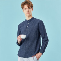 佐丹奴亚麻衬衫男天然麻棉上衣慵懒风立领半开筒长袖衬衣01040483