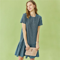 佐丹奴麻棉裙女装天然亚麻裙子纯色夏荷叶裙摆圆领连衣裙05460335