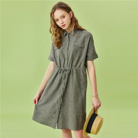 佐丹奴麻棉裙新款女装裙子天然亚麻工装衬衫领连衣裙05460352