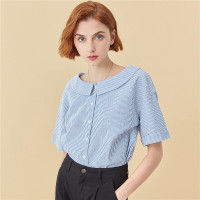 佐丹奴衬衫新款女装泡泡纱大圆领条纹短袖女生衬衣13340207