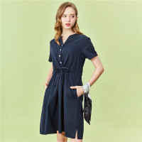 佐丹奴裙子女新款纯棉裙V领腰部抽绳显瘦短袖连衣裙05460345