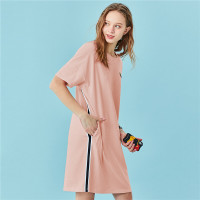 佐丹奴休闲裙女装夏季新款纯棉刺绣侧织带装饰短袖连衣裙13460210