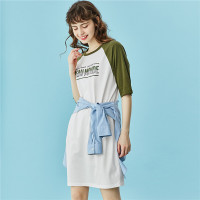 佐丹奴裙子女装新款纯棉裙牛角袖印花拼色女生短袖连衣裙13460212