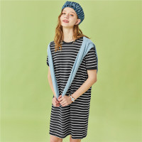 佐丹奴连衣裙女装新款条纹淑女裙纯棉圆领短袖休闲裙13460209