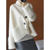 太美了 经典又慵懒加厚羊绒开衫女v领抽条羊绒毛衣外套宽松针织衫