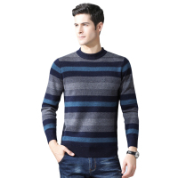 恒源祥纯羊毛衫男秋冬季款圆领条纹长袖针织羊毛衫毛衣
