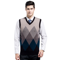 恒源祥男士純羊毛衫秋冬款V领背心男无袖针织马甲坎肩休闲毛衣