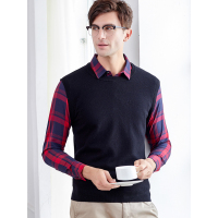 恒源祥男士假两件针织衫2020春秋款男毛衣商务纯色休闲针织格子打底衫