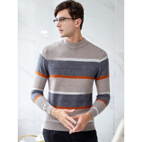 恒源祥男士纯羊毛衫秋冬款圆领套头中青年男士商务休闲条纹提花保暖毛衣