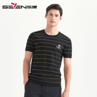 柒牌SEVEN男装针织衫夏季新款时尚条纹圆领短袖立体刺绣男士潮流半袖