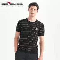 柒牌SEVEN男装针织衫夏季新款时尚条纹圆领短袖立体刺绣男士潮流半袖