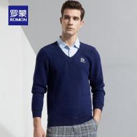 Romon/罗蒙针织衫男保暖衬衫假两件修身厚款打底衫长袖加绒衬衣秋