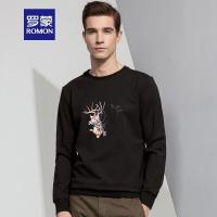 Romon/罗蒙卫衣男2018秋季新款圆领中青年宽松时尚印花长袖T恤男黑色99170M