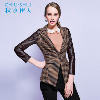 【皮革】秋水伊人2018秋装毛呢外套女修身西装领PU拼接长袖F033