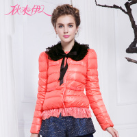 秋水伊人 冬装通勤可脱卸毛领蕾丝拼接修身百搭羽绒服F135