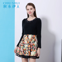秋水伊人 秋新款长袖连衣裙中长款修身淑女印花长袖拼接F059