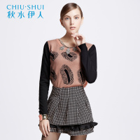 秋水伊人女装冬装新款女针织衫亮钻直筒圆领上衣女F069