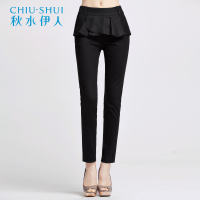 秋水伊人女装2018秋款休闲长裤荷叶边中腰铅笔裤F067