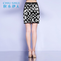 秋水伊人 秋装新品短裙拼接修身印花包臀裙F140