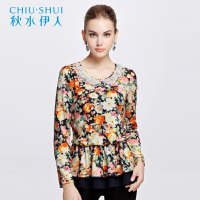 秋水伊人 秋装新款T恤显瘦印花长袖上衣F088