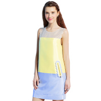 秋水伊人夏装新款雪纺连衣裙撞色拼接透视E063