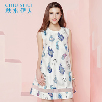 秋水伊人夏装新款女装抽象印花拼接连衣裙E145