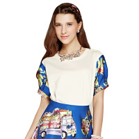 秋水伊人夏装新款女装撞色拼接短款上衣E040