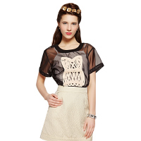 秋水伊人夏装新款上衣女短袖针织拼花圆领E090