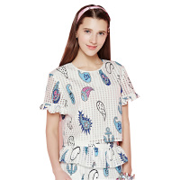 秋水伊人夏款女装风荷叶边袖印花上衣E222