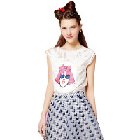 秋水伊人雪纺上衣短款女夏装拼接印花无袖圆领E164