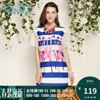 秋水伊人夏女装撞色条纹印花绣花短袖连衣裙E035