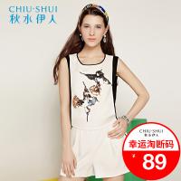 秋水伊人夏装新款连体裤圆领撞色亮片飞鸟E058