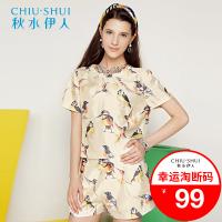 秋水伊人 夏装新款雪纺套装圆领飞鸟印花E045