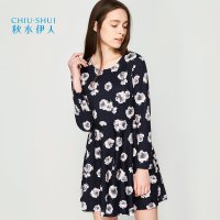 秋水伊人秋新品女装复古印花修身显瘦连衣裙A字裙J498