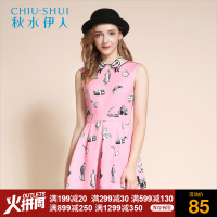 秋水伊人女装甜美印花无袖修身显瘦连衣裙F983