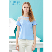 秋水伊人2019夏新款女装圆领镂空短袖T恤H466