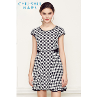 秋水伊人2021夏新款女雪纺拼接收腰连衣裙S74