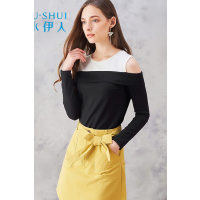 秋水伊人 春装女装简约黑白拼接露肩修身长袖T恤L115