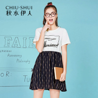 秋水伊人2019夏季新款女装拼接短袖圆领连衣裙FR03