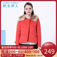 秋水伊人毛呢外套女冬装新款毛领毛呢大衣双排扣F216_29