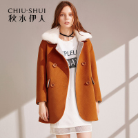 秋水伊人冬季女装百搭中长款双排扣毛领毛呢大衣FV1129