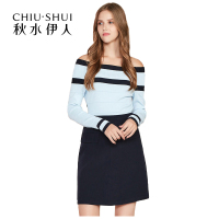 秋水伊人2021春季新款时尚撞色拼接性感一字肩修身连衣裙子女S221