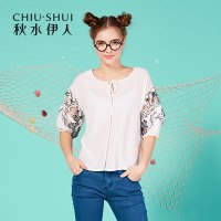 秋水伊人夏季新款女绣花拼接系带印花镂空宽松雪纺衫FR32