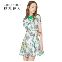秋水伊人2021夏季新款女装系腰带修身显瘦印花短袖连衣裙子S252