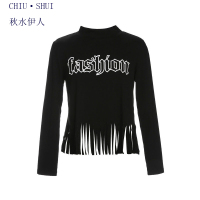 秋水伊人2021春季女装印花气质上衣修身显瘦长袖韩版黑色T恤S267
