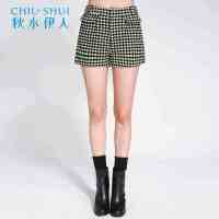 秋水伊人2021冬季千鸟格子休闲显瘦中腰纯色阔腿短裤港味S283