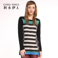 秋水伊人2020春季新款条纹长袖圆领套头蕾丝拼接针织衫女F782