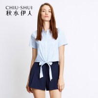 秋水伊人2021夏新款女装竖条纹短袖棉质系带短款小众雪纺衫S288