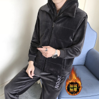 稻草人(Mexican)金丝绒卫衣套装男三件套马甲外套男韩版潮个性百搭帅气衣服