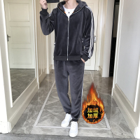 稻草人(Mexican)金丝绒套装男双面绒时尚春冬季加绒加厚带帽2件套卫衣一套衣服